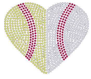 Half Softball Half Baseball Heart Large rhinestone transfer
